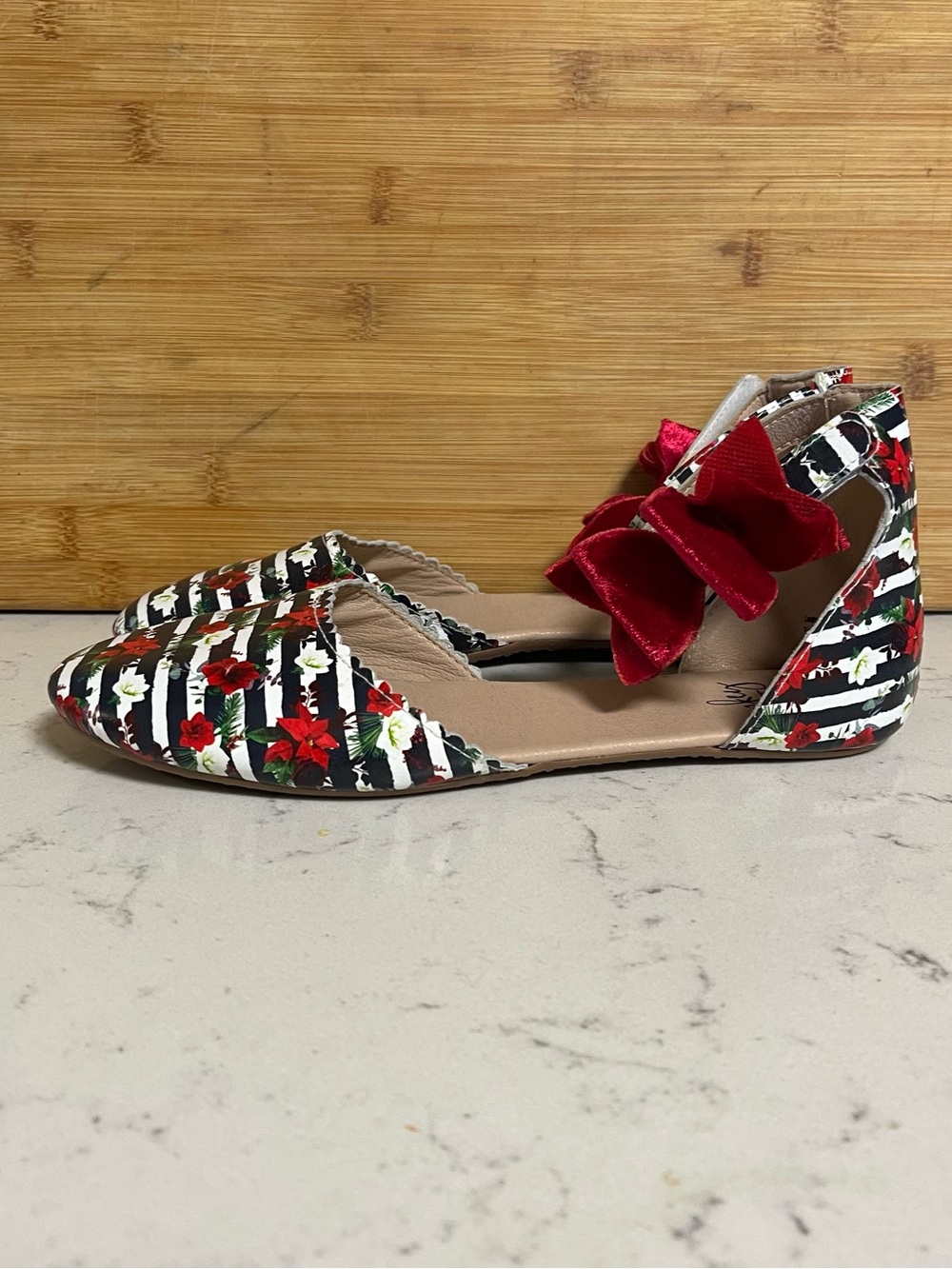 Leather D'Orsay Striped Floral Print Bow Strap Flats 8.5 Artsy Twee Rockabilly
